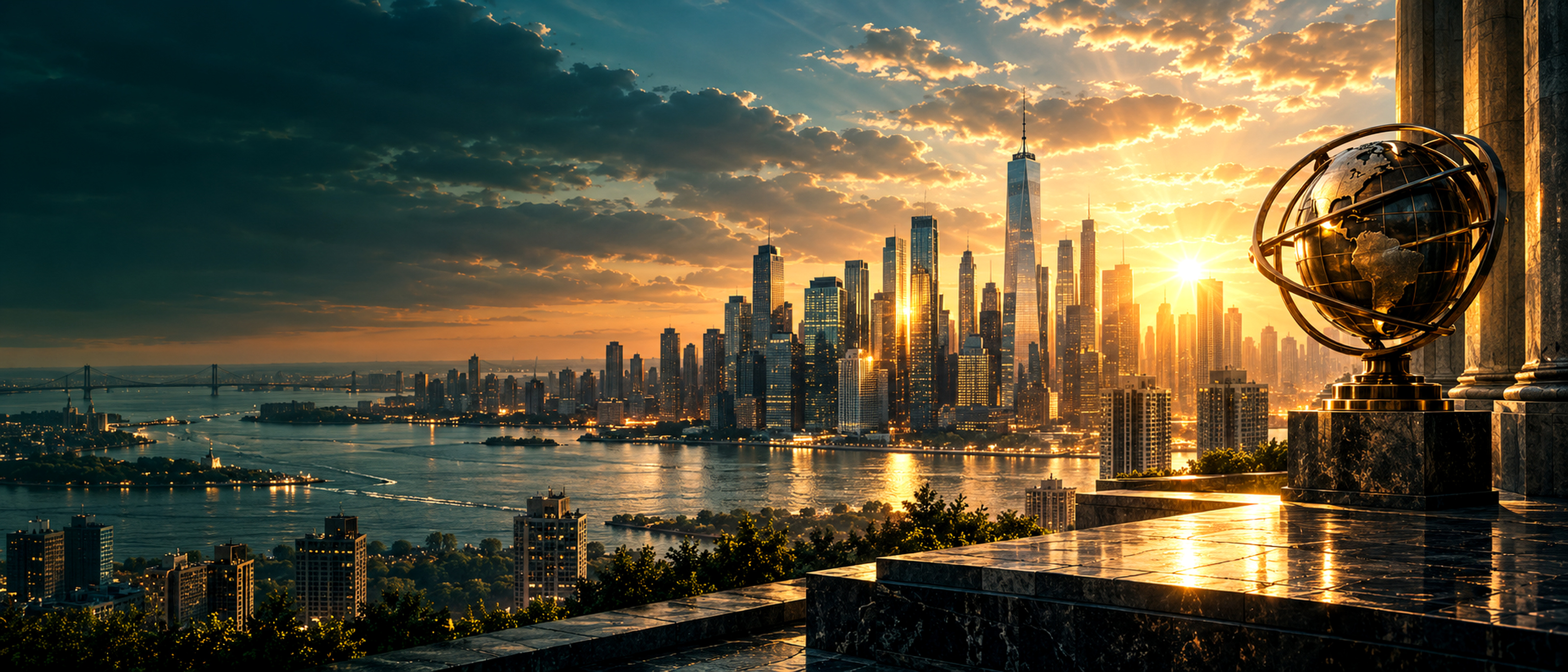 Sunrise over a financial metropolis with a global sculpture